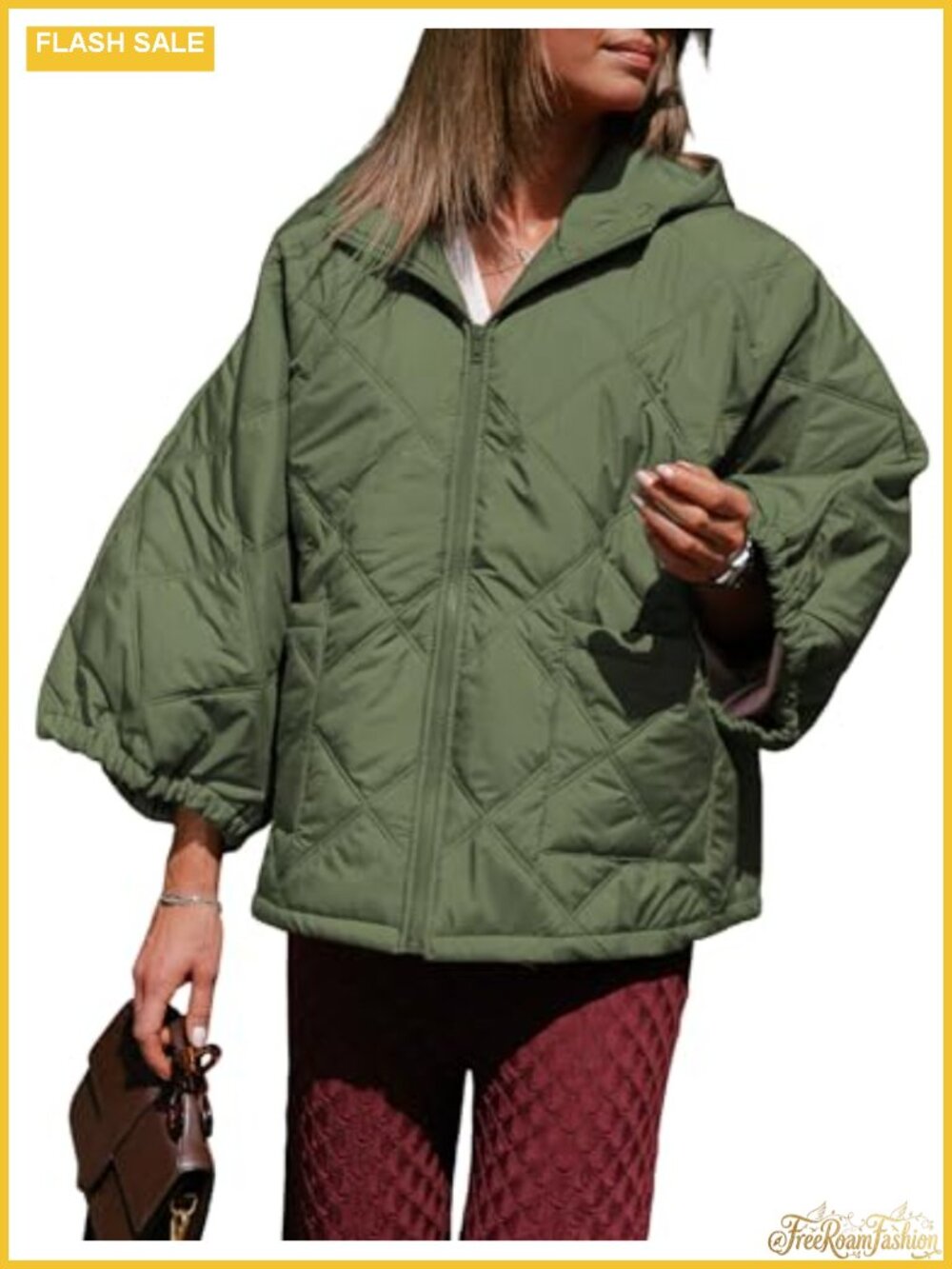 Women Quilted Puffer Jacket Hooded Oversize 3/4 Sleeve Lightweight Coat